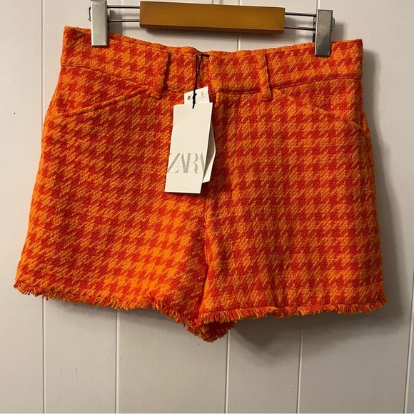 NWT Zara Tweed Houndstooth Textured Orange High Waist Short Pocket Weave Blogger - Picture 7 of 14